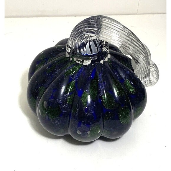 Blown Glass Pumpkin By Ken & Ingrid Hanson Purple/Jewel Tones Clear Stem - Picture 3 of 4